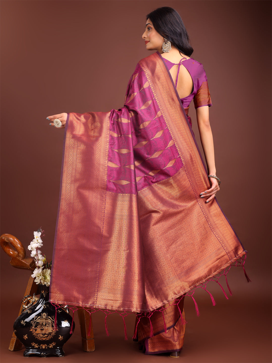 Shree Shyam Fashion Purple Linen Cotton Saree with Golden Zari Leaf Woven Design & Rich Pallu - Festive Wear | Office Look | Soft Drape