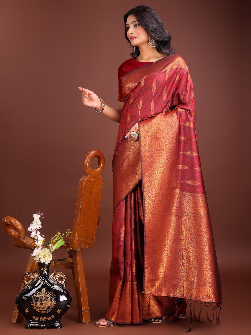 Shree Shyam Fashion Maroon Linen Cotton Saree with Golden Zari Leaf Woven Design & Rich Pallu - Festive Wear | Office Look | Soft Drape