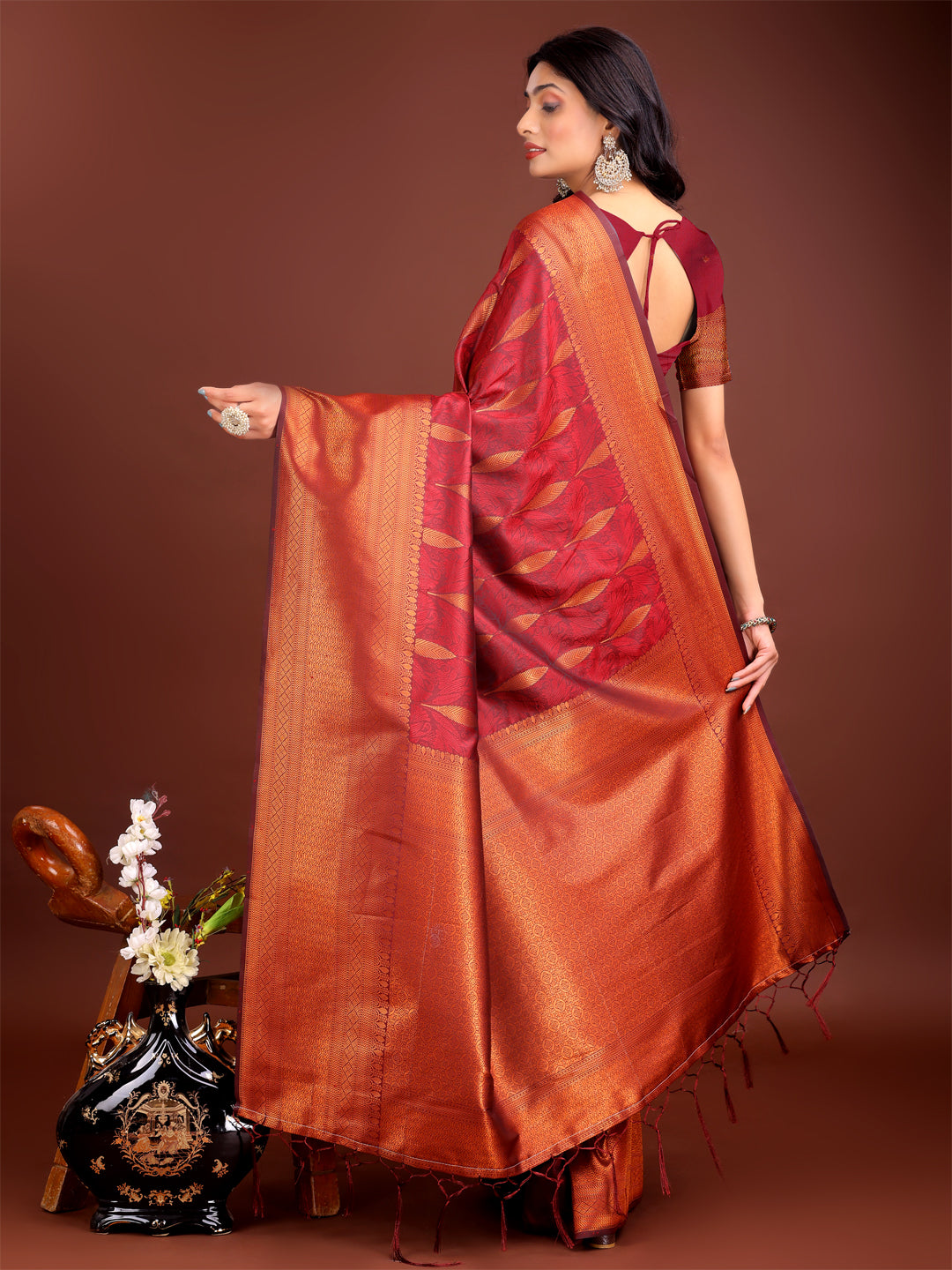 Shree Shyam Fashion Maroon Linen Cotton Saree with Golden Zari Leaf Woven Design & Rich Pallu - Festive Wear | Office Look | Soft Drape