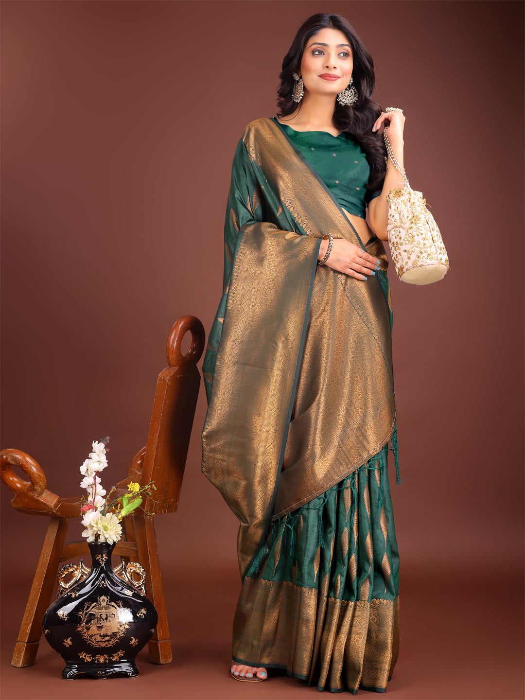 Shree Shyam Fashion Green Linen Cotton Saree with Golden Zari Leaf Woven Design & Rich Pallu - Festive Wear | Office Look | Soft Drape