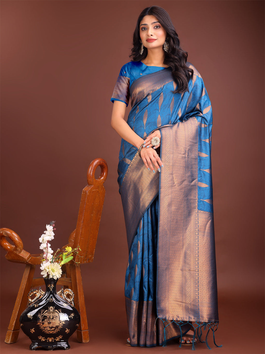 Shree Shyam Fashion Sky Blue Linen Cotton Saree with Golden Zari Leaf Woven Design & Rich Pallu - Festive Wear | Office Look | Soft Drape