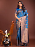 Shree Shyam Fashion Sky Blue Linen Cotton Saree with Golden Zari Leaf Woven Design & Rich Pallu - Festive Wear | Office Look | Soft Drape