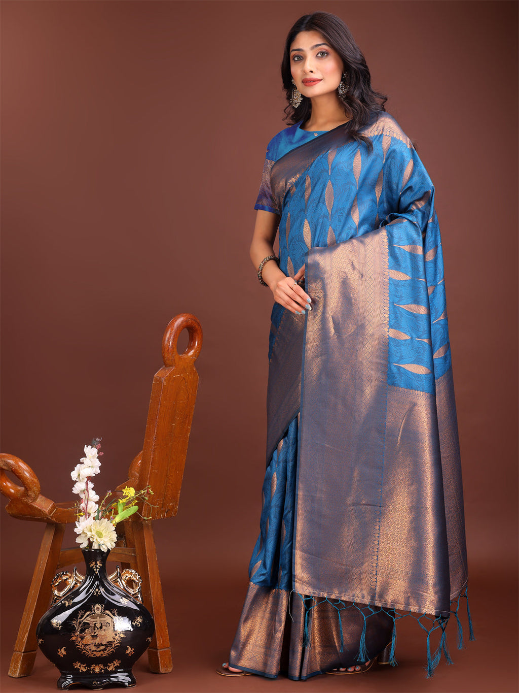Shree Shyam Fashion Sky Blue Linen Cotton Saree with Golden Zari Leaf Woven Design & Rich Pallu - Festive Wear | Office Look | Soft Drape