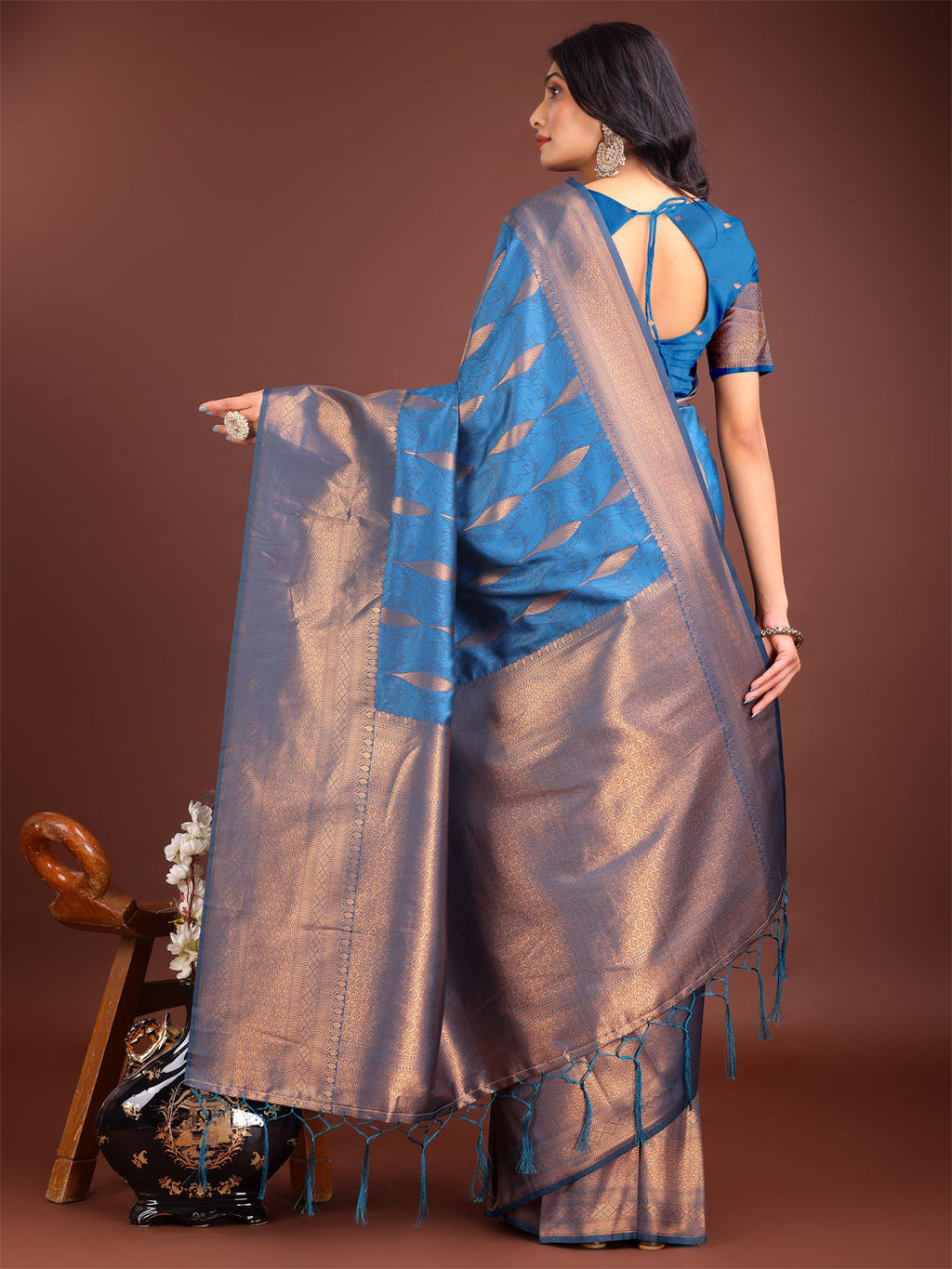 Shree Shyam Fashion Sky Blue Linen Cotton Saree with Golden Zari Leaf Woven Design & Rich Pallu - Festive Wear | Office Look | Soft Drape