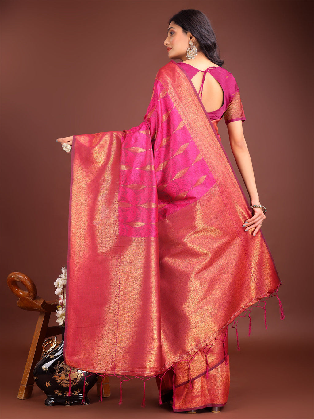 Shree Shyam Fashion Magenta Linen Cotton Saree with Golden Zari Leaf Woven Design & Rich Pallu - Festive Wear | Office Look | Soft Drape