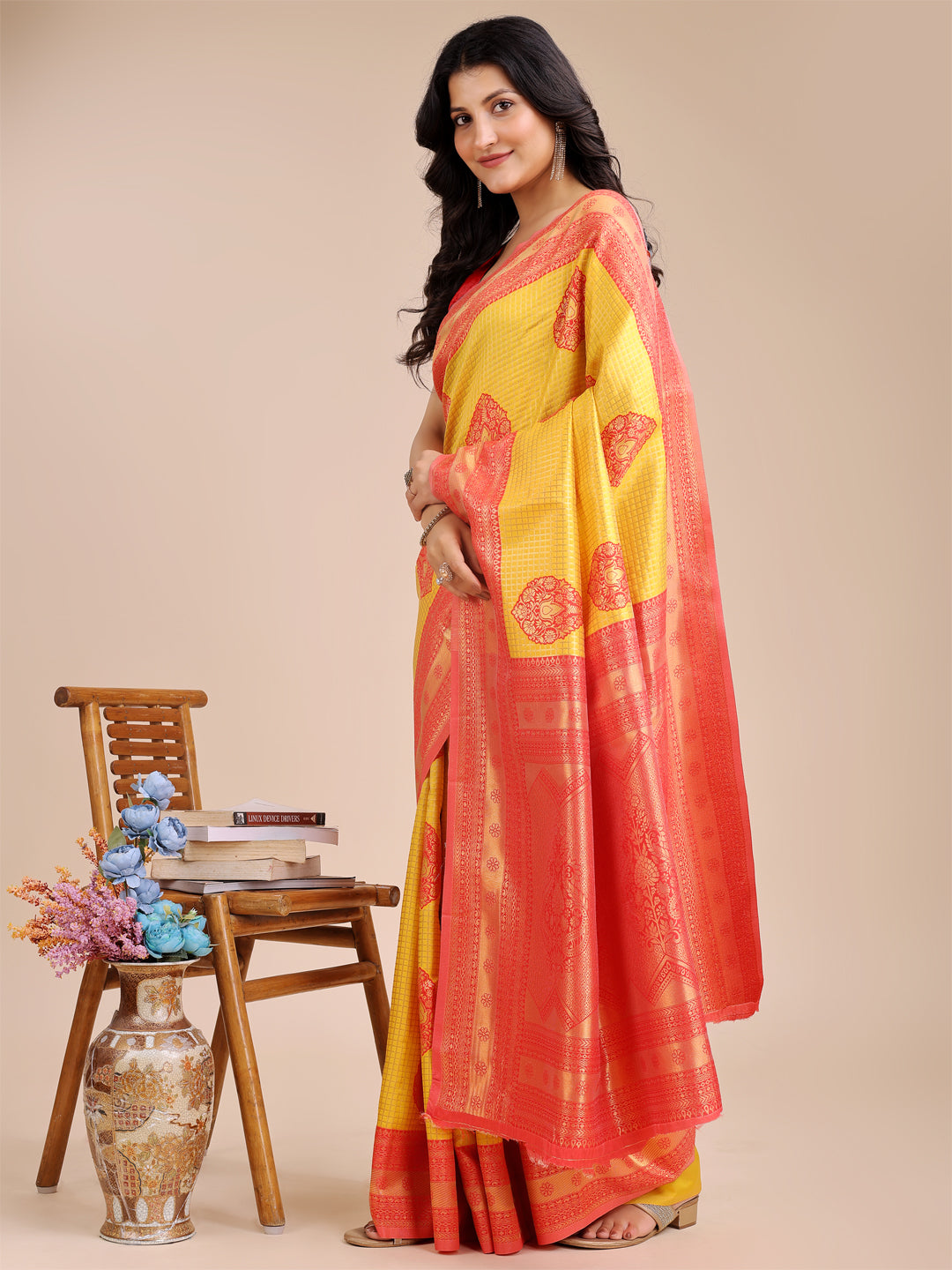 Shree Shyam Fashion Yellow & Red Banarasi silk Woven Zari Work Traditional Tassel Saree