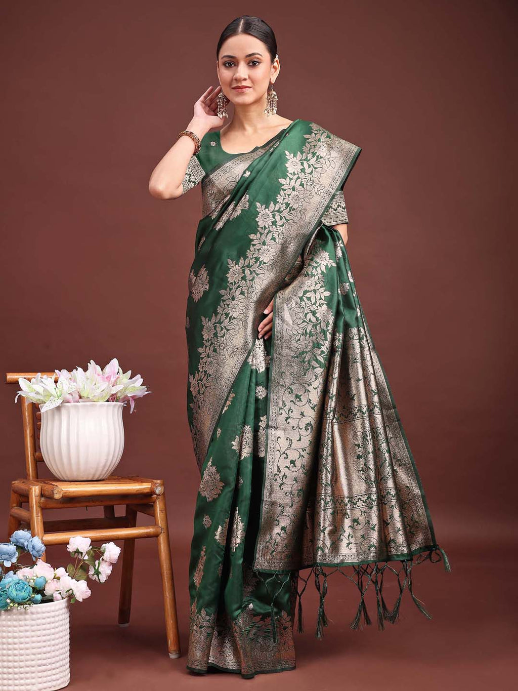 Shree Shyam Fashion Emerald Green Banarasi Silk Saree with Zari Floral Work - Elegance Woven in Every Thread