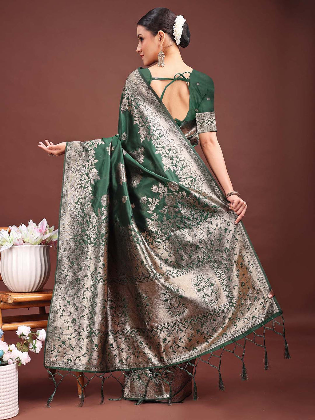 Shree Shyam Fashion Emerald Green Banarasi Silk Saree with Zari Floral Work - Elegance Woven in Every Thread