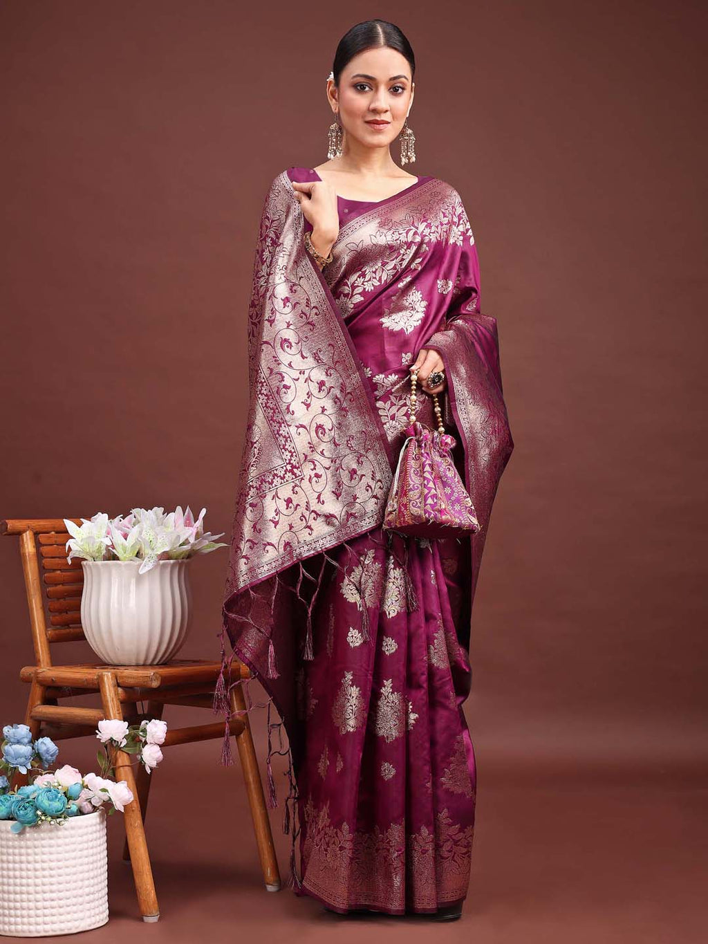 Shree Shyam Fashion Emerald Purple Banarasi Silk Saree with Zari Floral Work - Elegance Woven in Every Thread