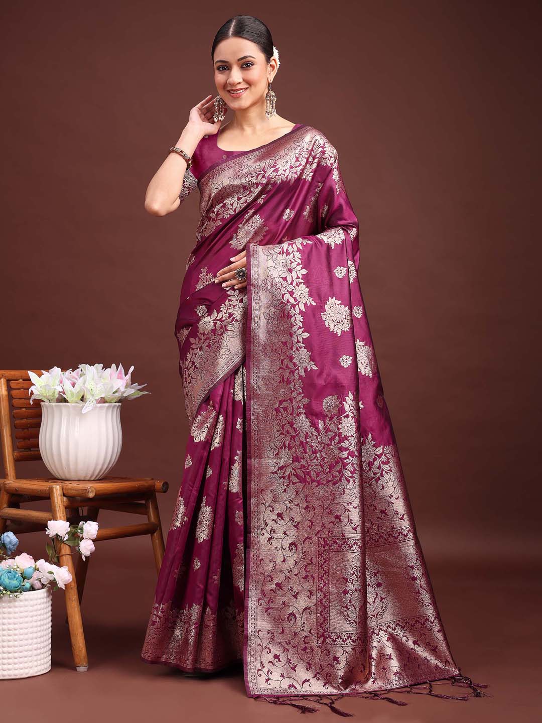 Shree Shyam Fashion Emerald Purple Banarasi Silk Saree with Zari Floral Work - Elegance Woven in Every Thread