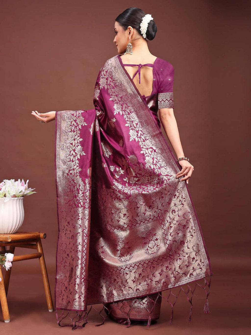 Shree Shyam Fashion Emerald Purple Banarasi Silk Saree with Zari Floral Work - Elegance Woven in Every Thread