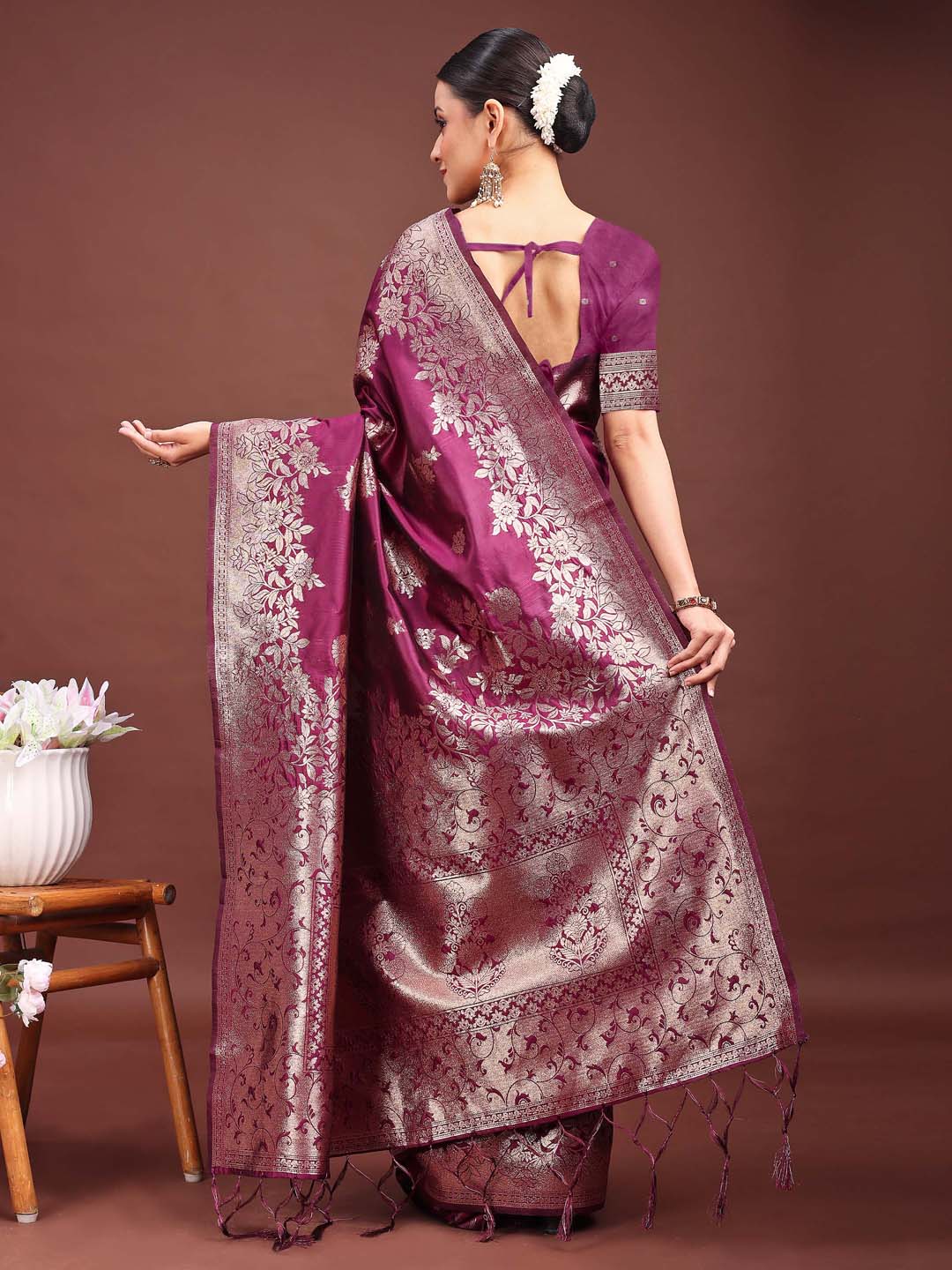 Shree Shyam Fashion Emerald Purple Banarasi Silk Saree with Zari Floral Work - Elegance Woven in Every Thread