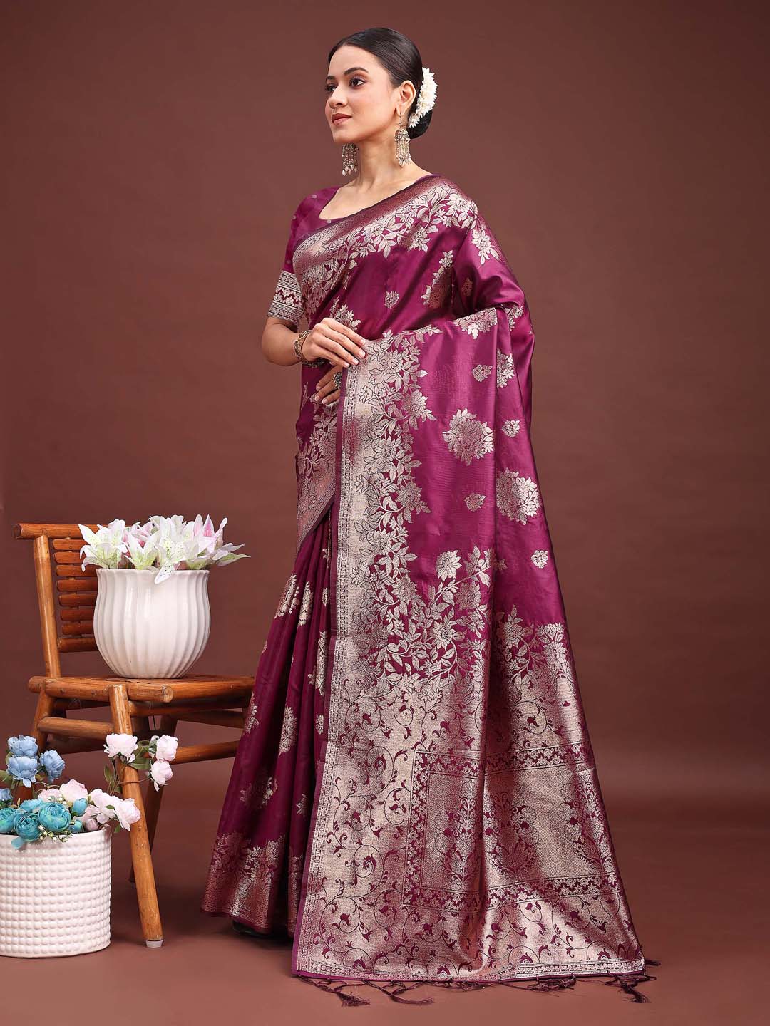 Shree Shyam Fashion Emerald Purple Banarasi Silk Saree with Zari Floral Work - Elegance Woven in Every Thread