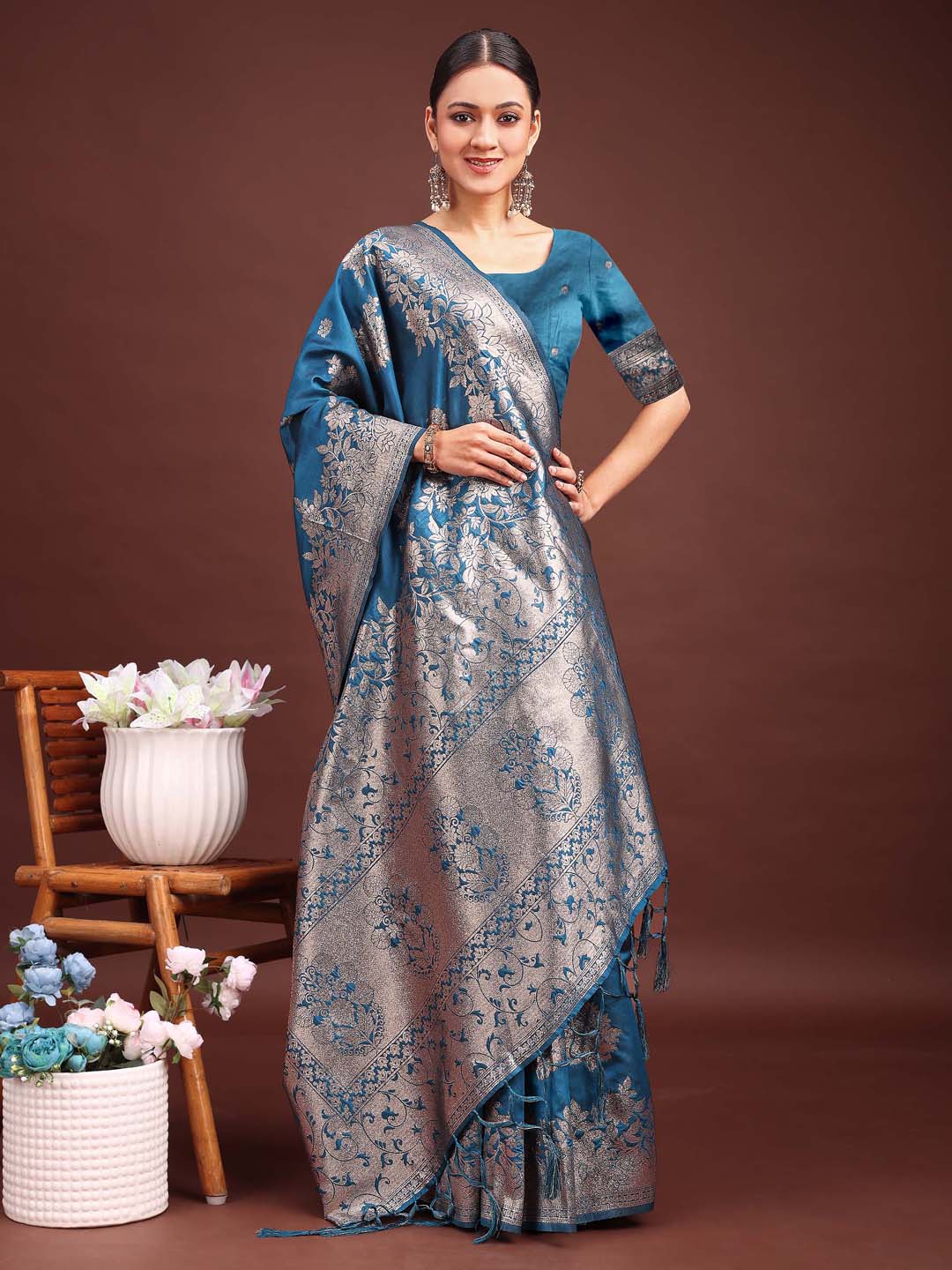 Shree Shyam Fashion Emerald Teal Green Banarasi Silk Saree with Zari Floral Work - Elegance Woven in Every Thread