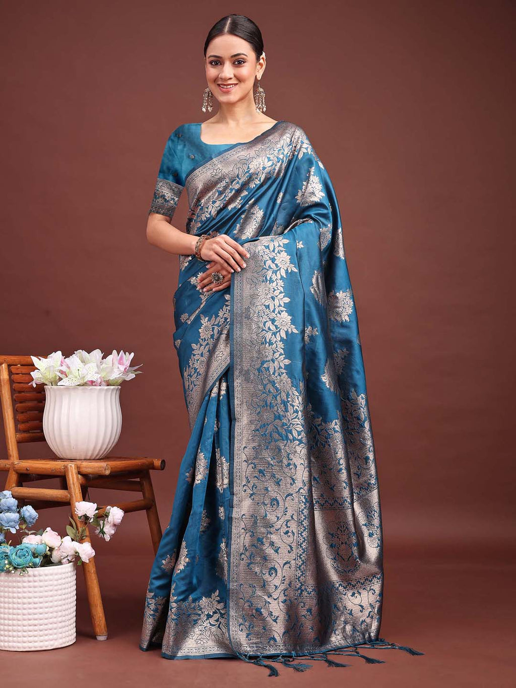 Shree Shyam Fashion Emerald Teal Green Banarasi Silk Saree with Zari Floral Work - Elegance Woven in Every Thread