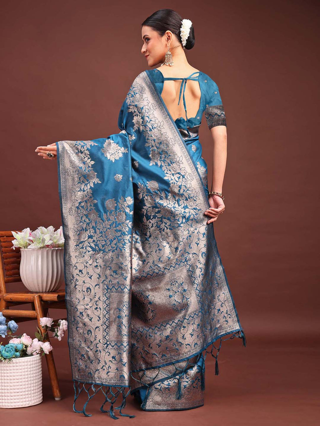 Shree Shyam Fashion Emerald Teal Green Banarasi Silk Saree with Zari Floral Work - Elegance Woven in Every Thread
