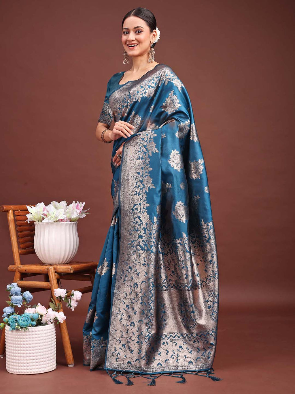 Shree Shyam Fashion Emerald Teal Green Banarasi Silk Saree with Zari Floral Work - Elegance Woven in Every Thread
