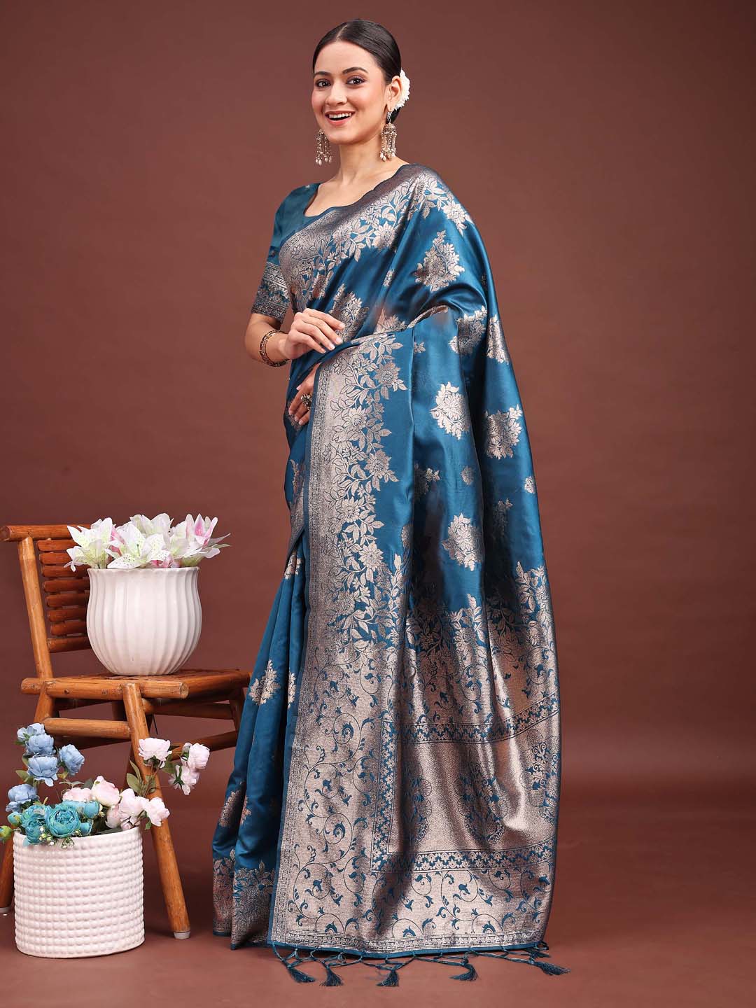 Shree Shyam Fashion Emerald Teal Green Banarasi Silk Saree with Zari Floral Work - Elegance Woven in Every Thread