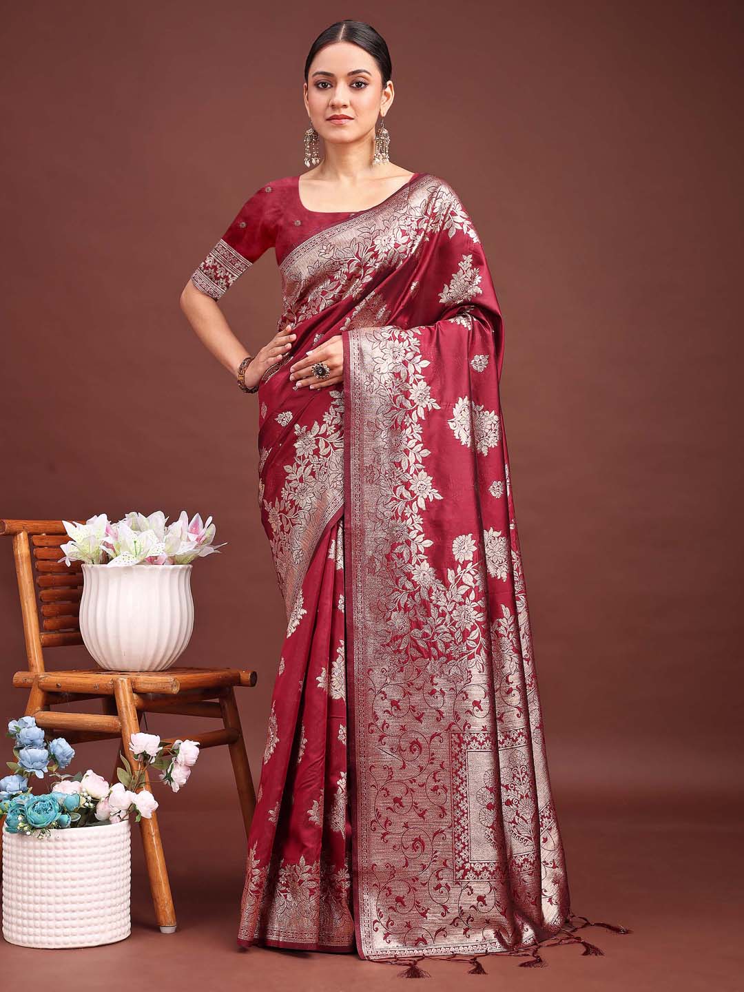Shree Shyam Fashion Emerald Maroon Banarasi Silk Saree with Zari Floral Work - Elegance Woven in Every Thread