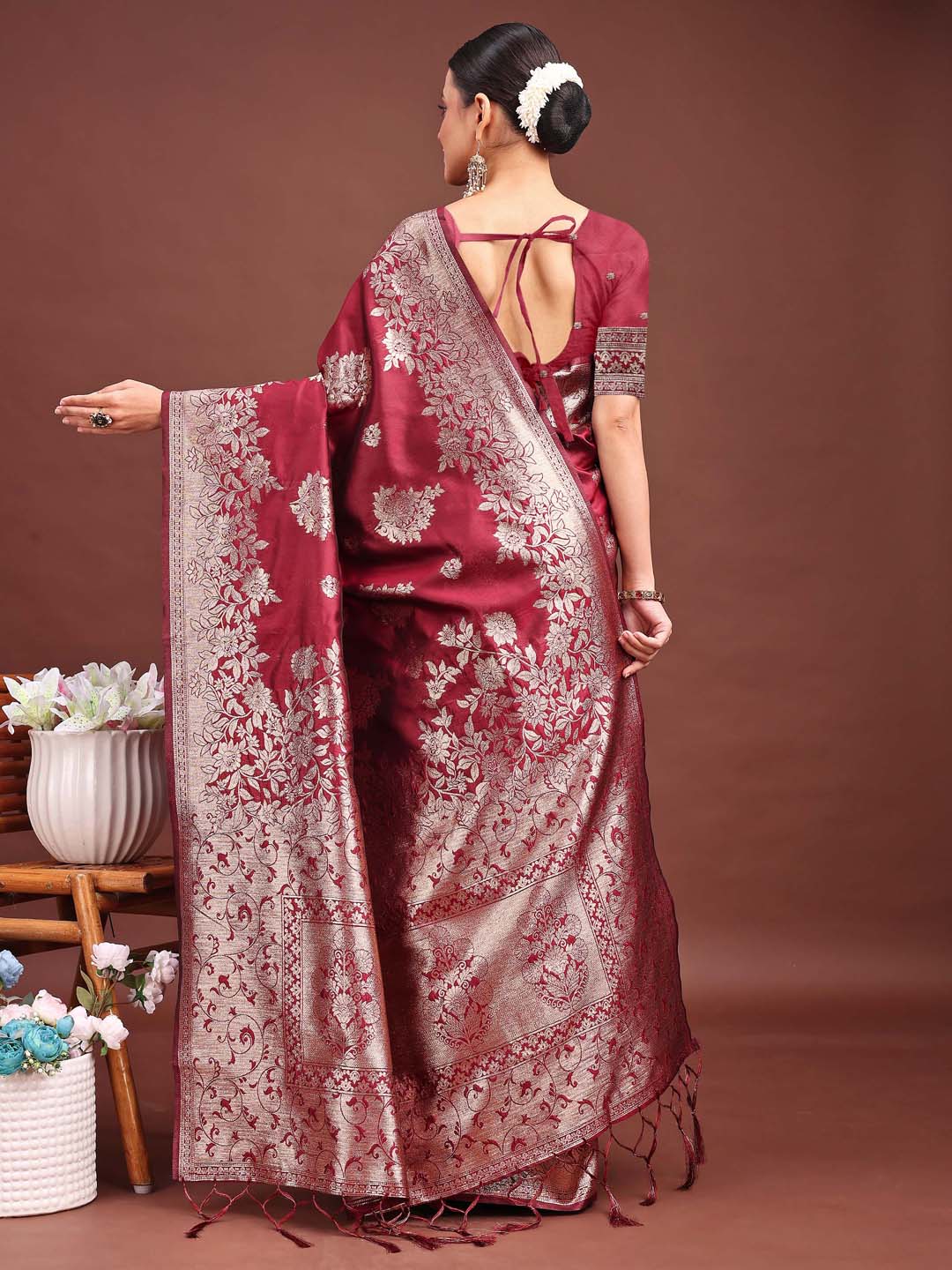 Shree Shyam Fashion Emerald Maroon Banarasi Silk Saree with Zari Floral Work - Elegance Woven in Every Thread