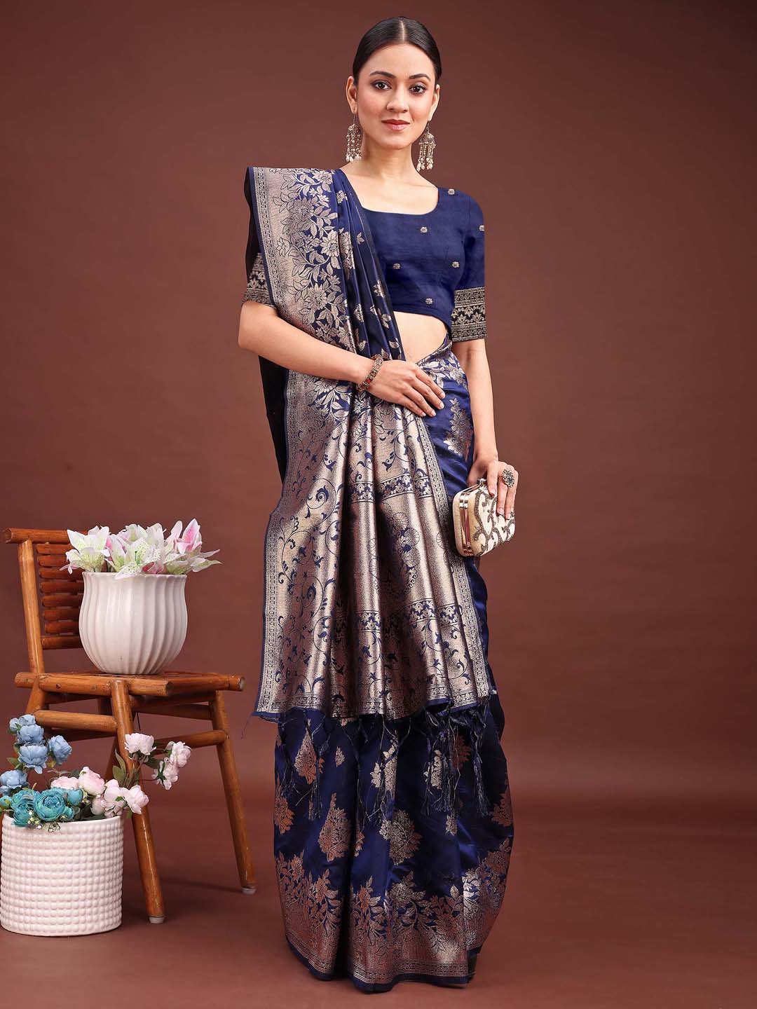 Shree Shyam Fashion Emerald Navy Blue Banarasi Silk Saree with Zari Floral Work - Elegance Woven in Every Thread