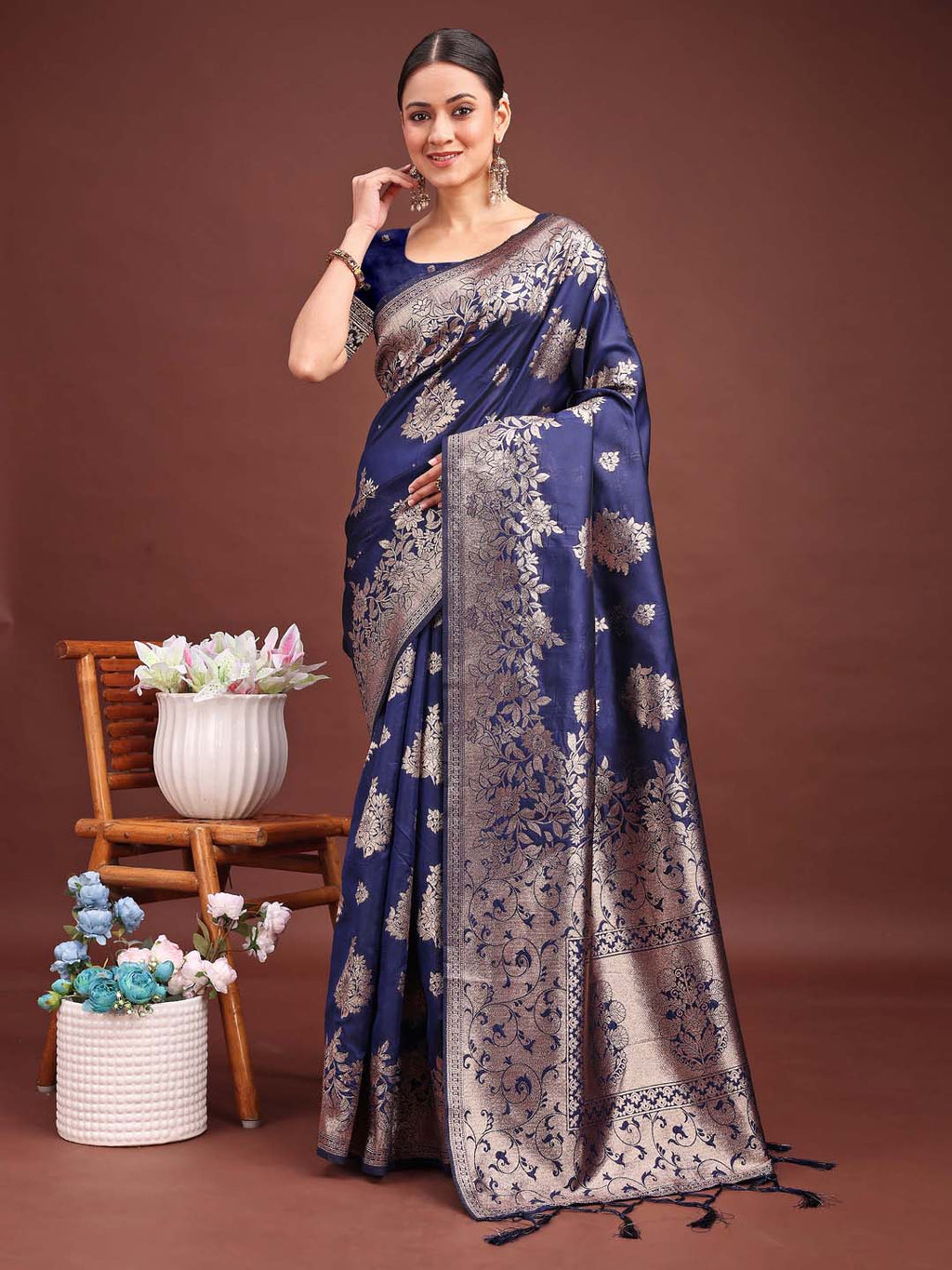 Shree Shyam Fashion Emerald Navy Blue Banarasi Silk Saree with Zari Floral Work - Elegance Woven in Every Thread