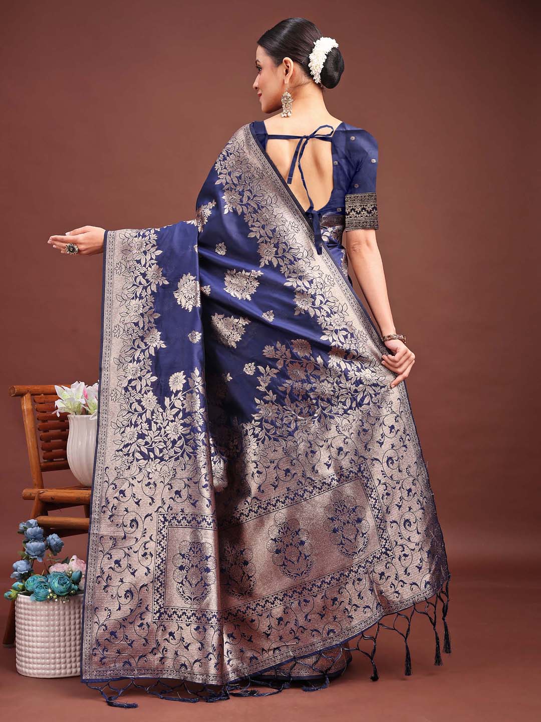Shree Shyam Fashion Emerald Navy Blue Banarasi Silk Saree with Zari Floral Work - Elegance Woven in Every Thread