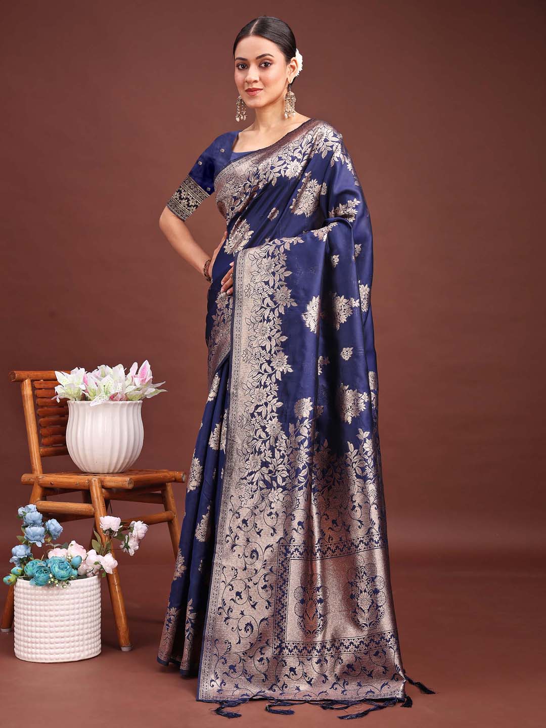 Shree Shyam Fashion Emerald Navy Blue Banarasi Silk Saree with Zari Floral Work - Elegance Woven in Every Thread
