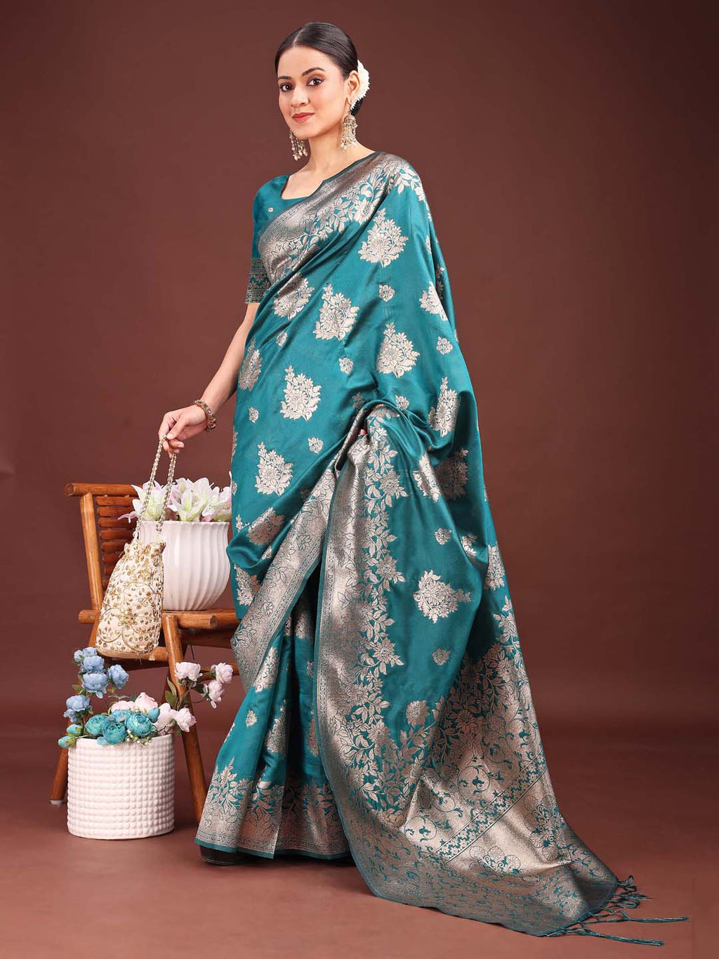 Shree Shyam Fashion Emerald Sea Green Banarasi Silk Saree with Zari Floral Work - Elegance Woven in Every Thread