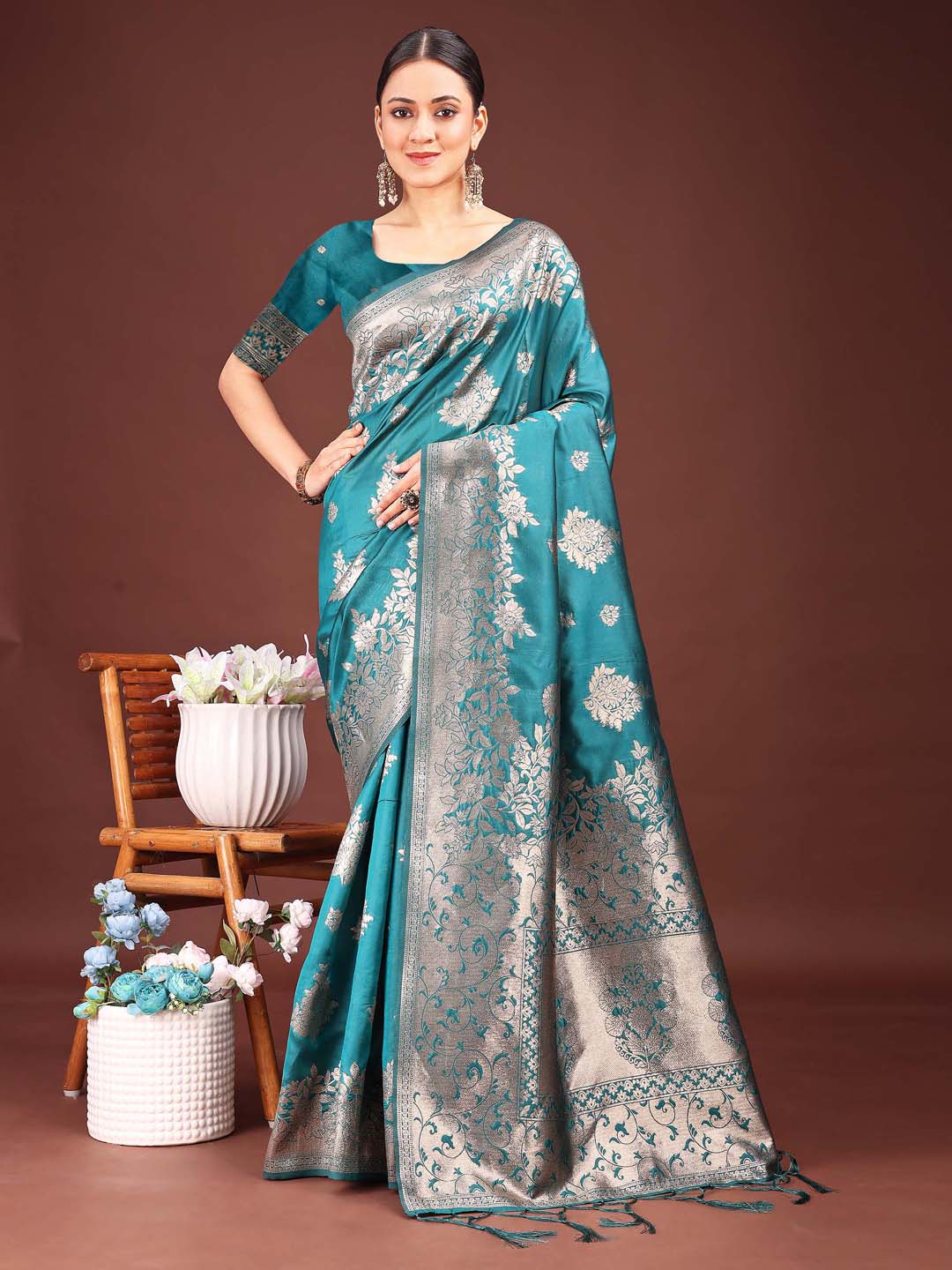 Shree Shyam Fashion Emerald Sea Green Banarasi Silk Saree with Zari Floral Work - Elegance Woven in Every Thread