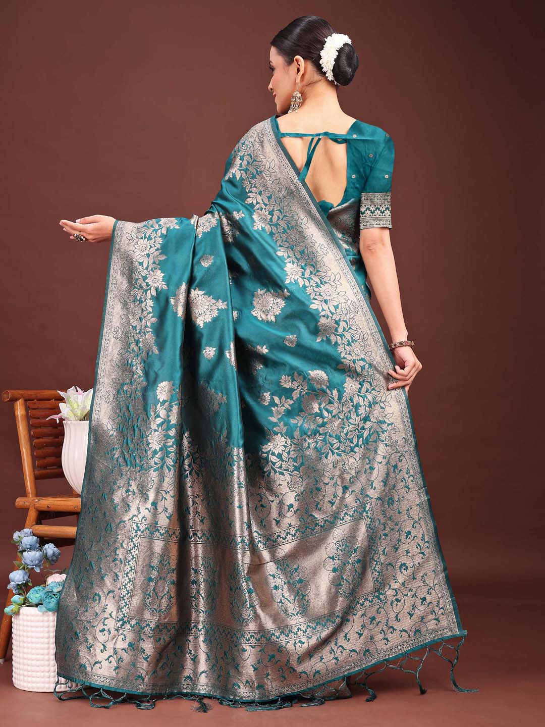 Shree Shyam Fashion Emerald Sea Green Banarasi Silk Saree with Zari Floral Work - Elegance Woven in Every Thread