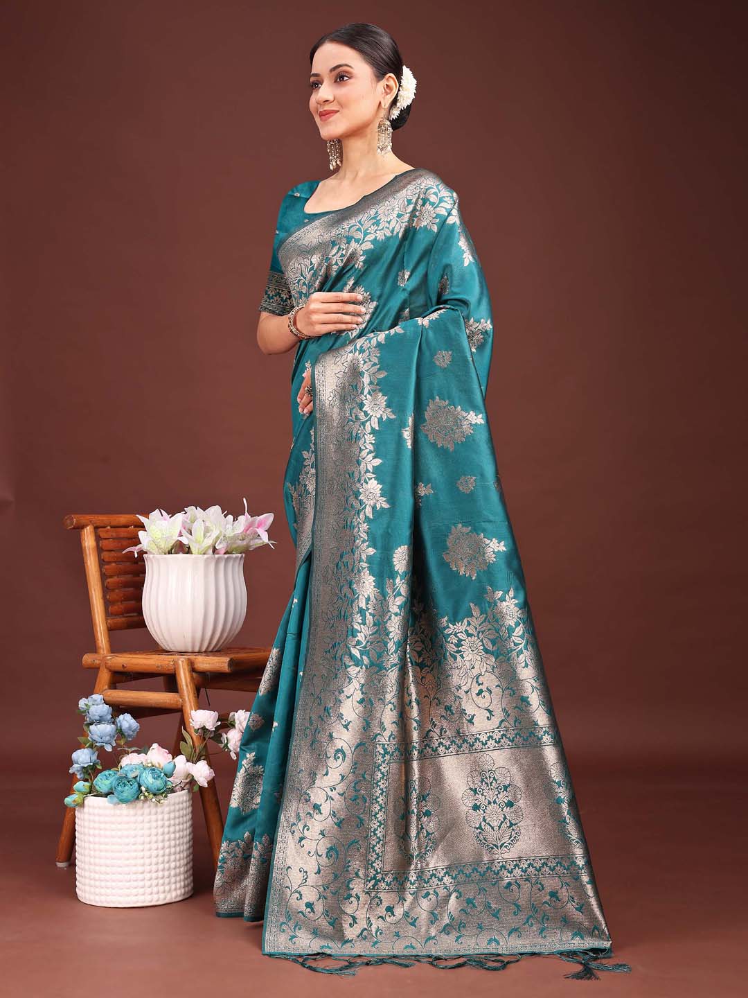Shree Shyam Fashion Emerald Sea Green Banarasi Silk Saree with Zari Floral Work - Elegance Woven in Every Thread