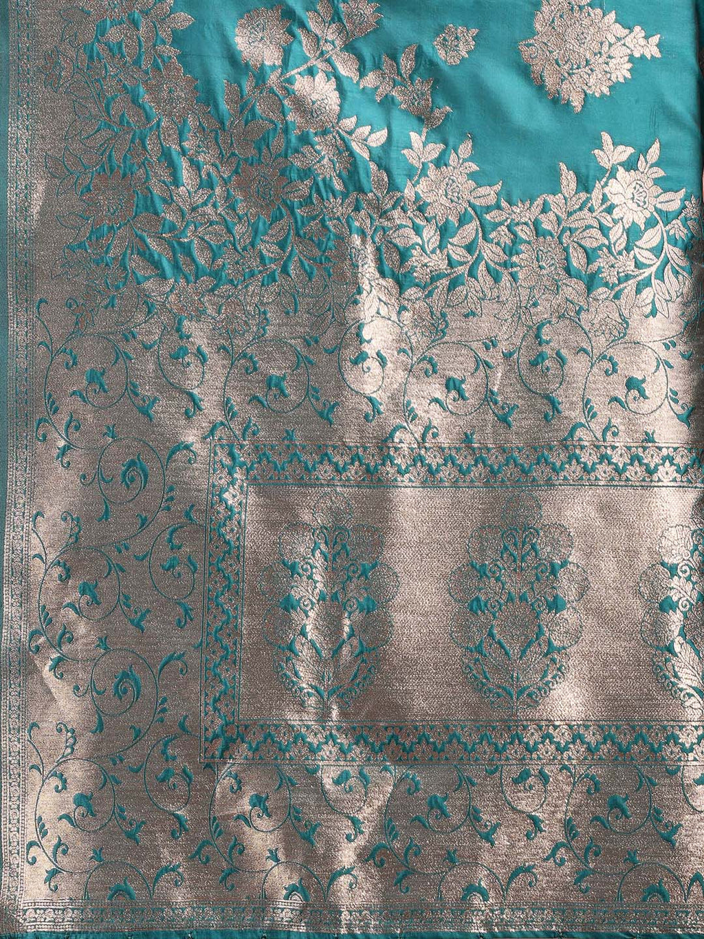 Shree Shyam Fashion Emerald Sea Green Banarasi Silk Saree with Zari Floral Work - Elegance Woven in Every Thread