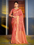 Shree Shyam Fashion Graceful Peach Banarasi Silk Saree with Golden Zari Woven Border & Floral Jaal - Wedding & Festive Wear