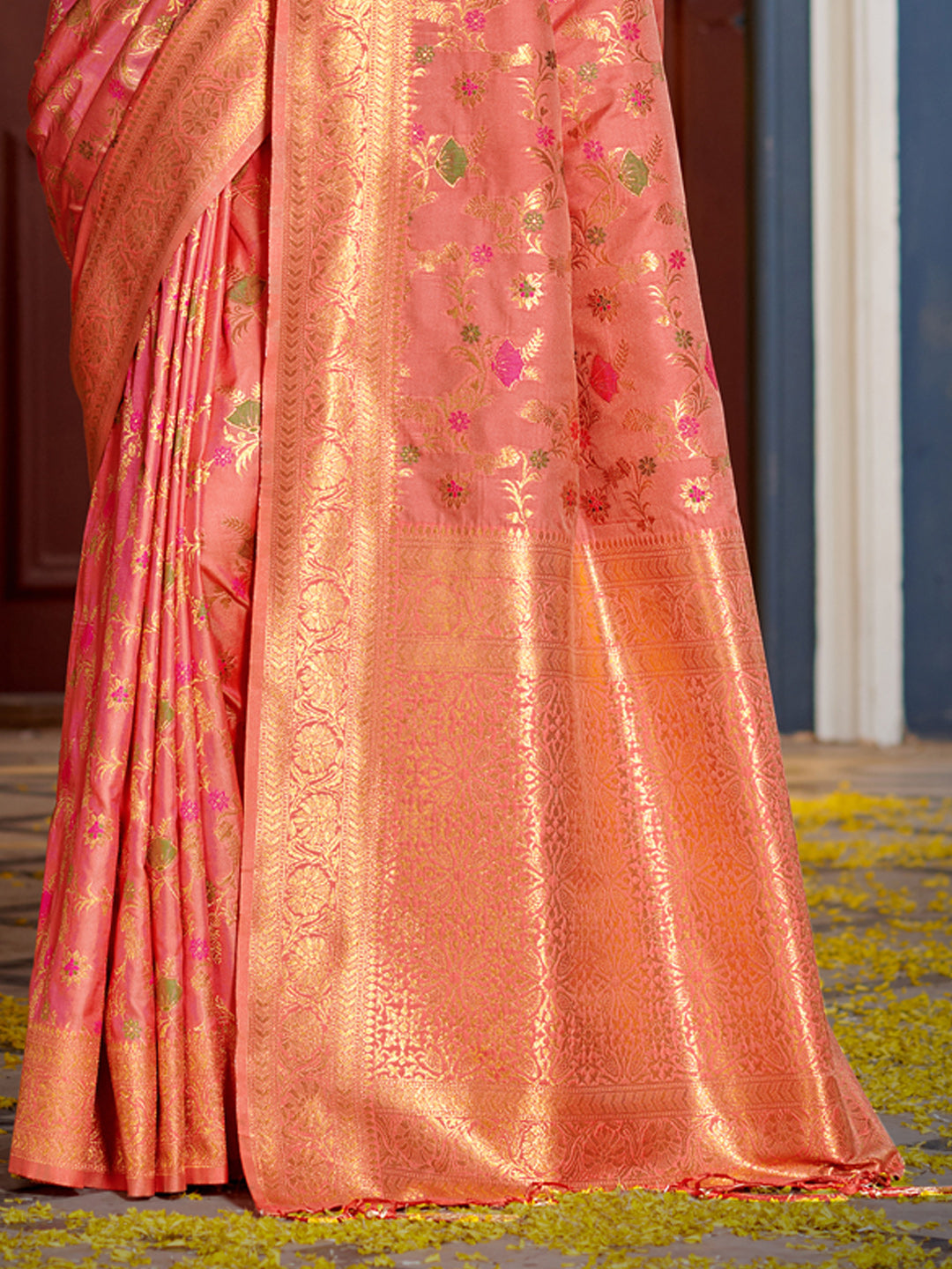Shree Shyam Fashion Graceful Peach Banarasi Silk Saree with Golden Zari Woven Border & Floral Jaal - Wedding & Festive Wear