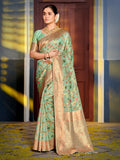 Shree Shyam Fashion Graceful Sea Green Banarasi Silk Saree with Golden Zari Woven Border & Floral Jaal - Wedding & Festive Wear