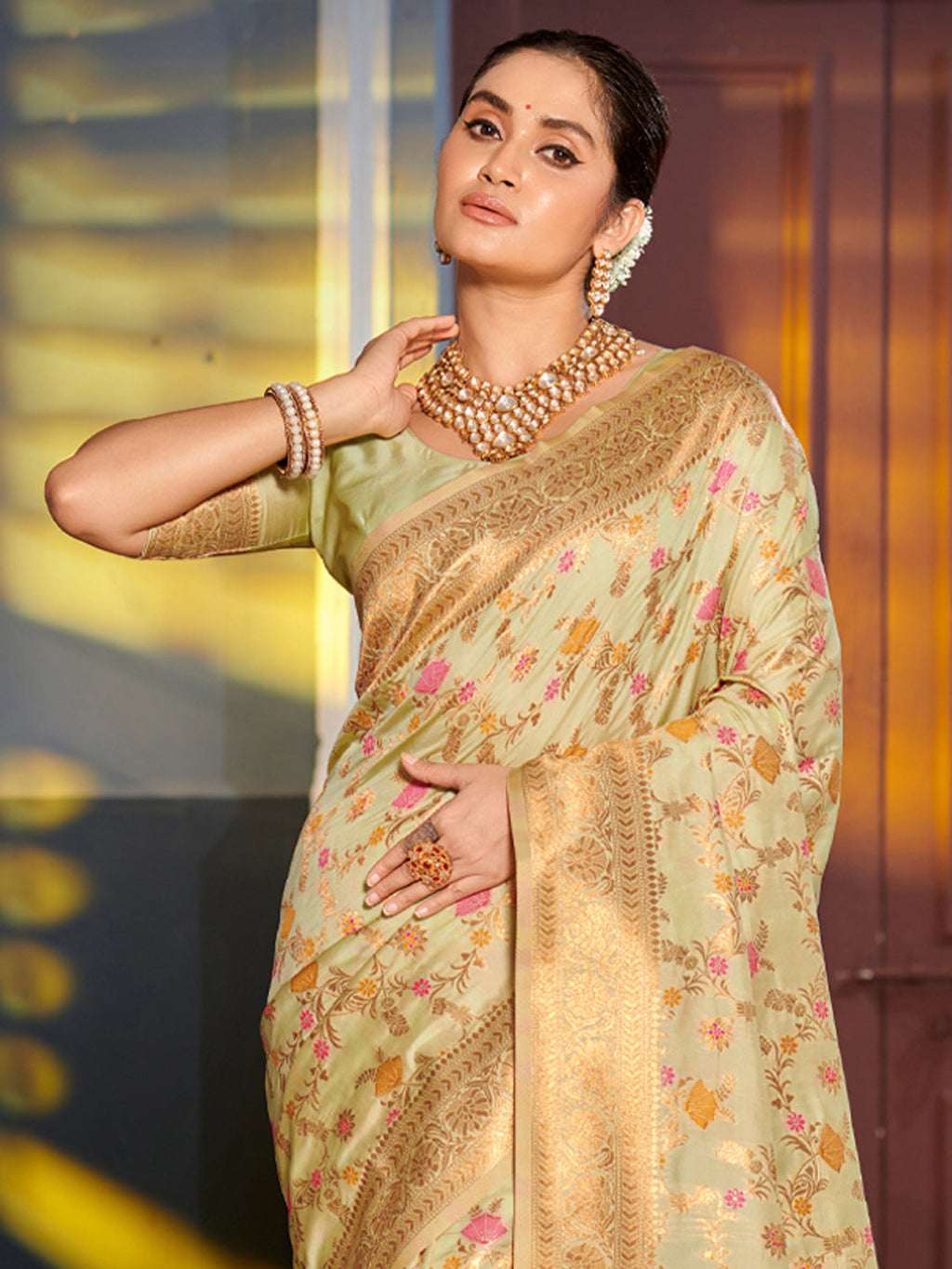 Shree Shyam Fashion Graceful Light Green Banarasi Silk Saree with Golden Zari Woven Border & Floral Jaal - Wedding & Festive Wear