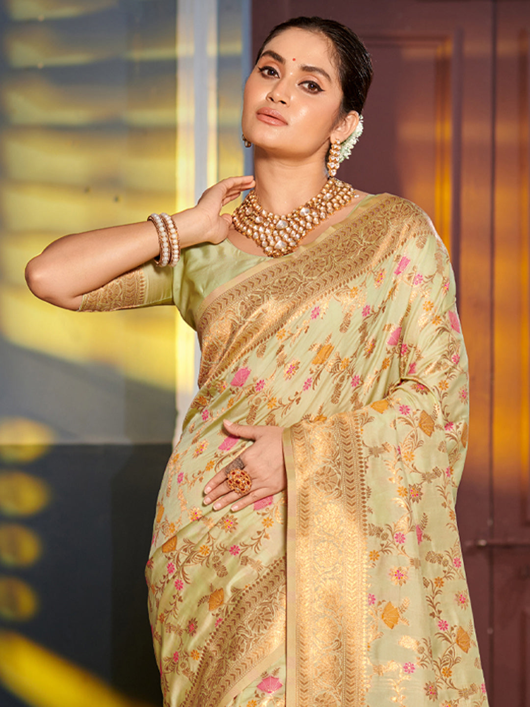 Shree Shyam Fashion Graceful Light Green Banarasi Silk Saree with Golden Zari Woven Border & Floral Jaal - Wedding & Festive Wear