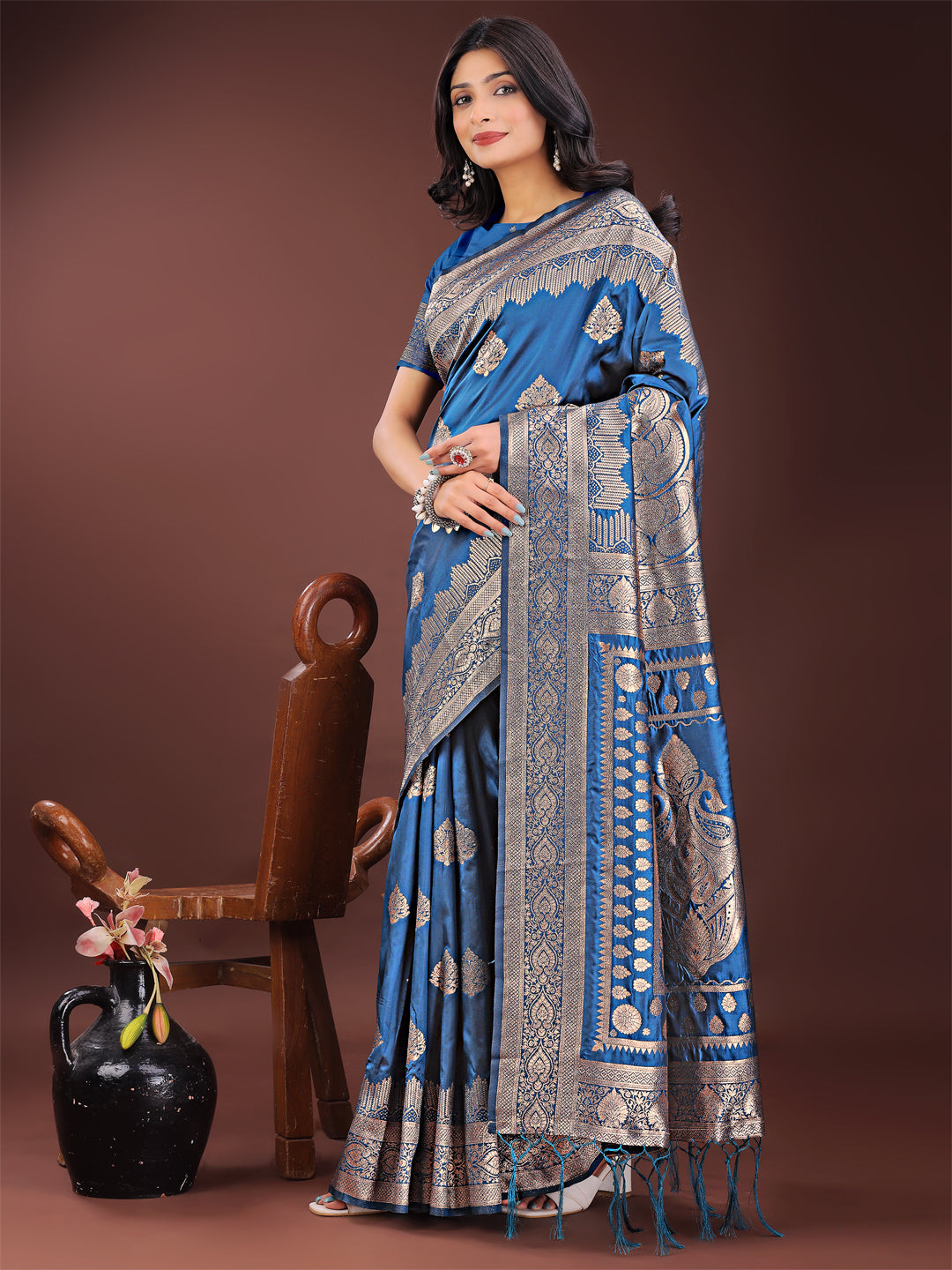 Shree Shyam Fashion Graceful Royal Blue Banarasi Silk Saree with Silver Zari - Perfect Ethnic Wear for Weddings & Festive Moments