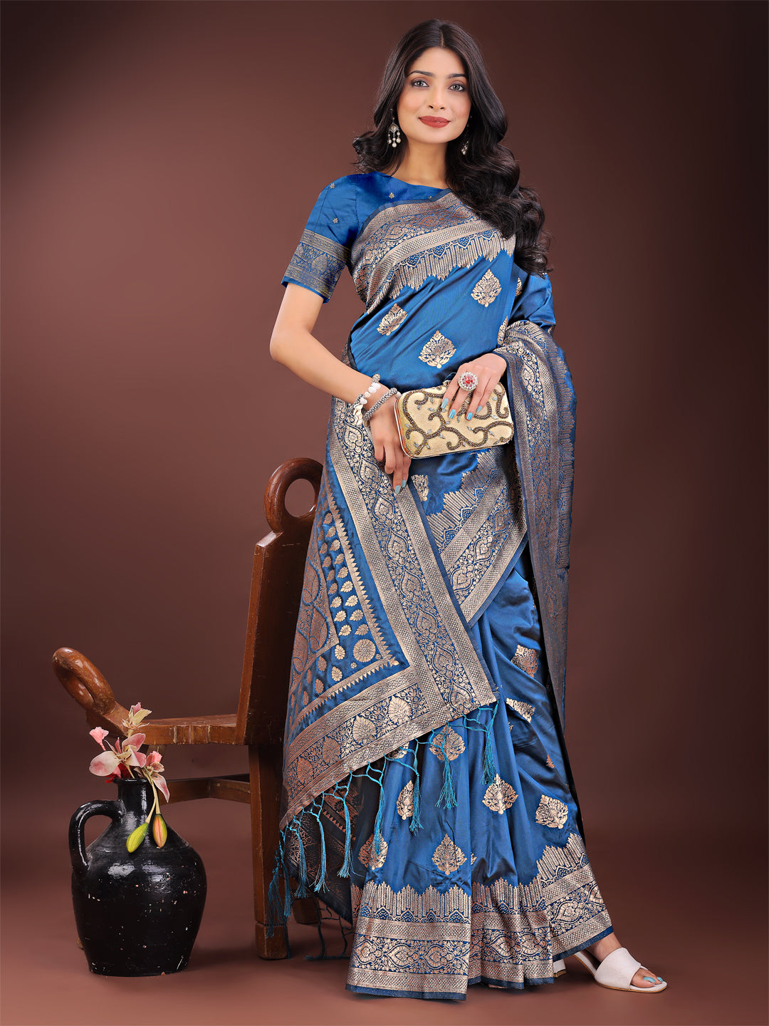 Shree Shyam Fashion Graceful Royal Blue Banarasi Silk Saree with Silver Zari - Perfect Ethnic Wear for Weddings & Festive Moments