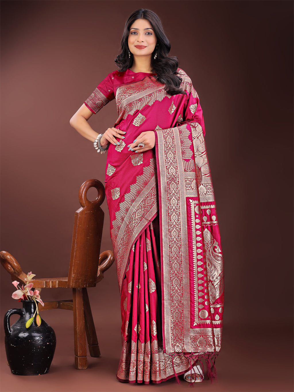 Shree Shyam Fashion Graceful Magenta Banarasi Silk Saree with Silver Zari - Perfect Ethnic Wear for Weddings & Festive Moments