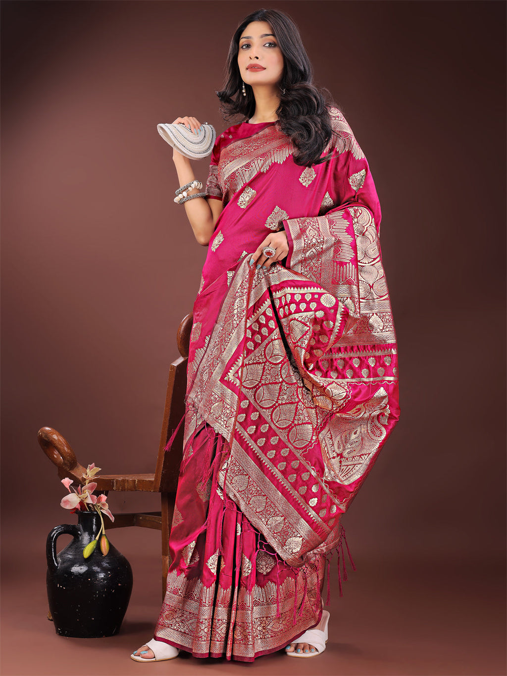 Shree Shyam Fashion Graceful Magenta Banarasi Silk Saree with Silver Zari - Perfect Ethnic Wear for Weddings & Festive Moments