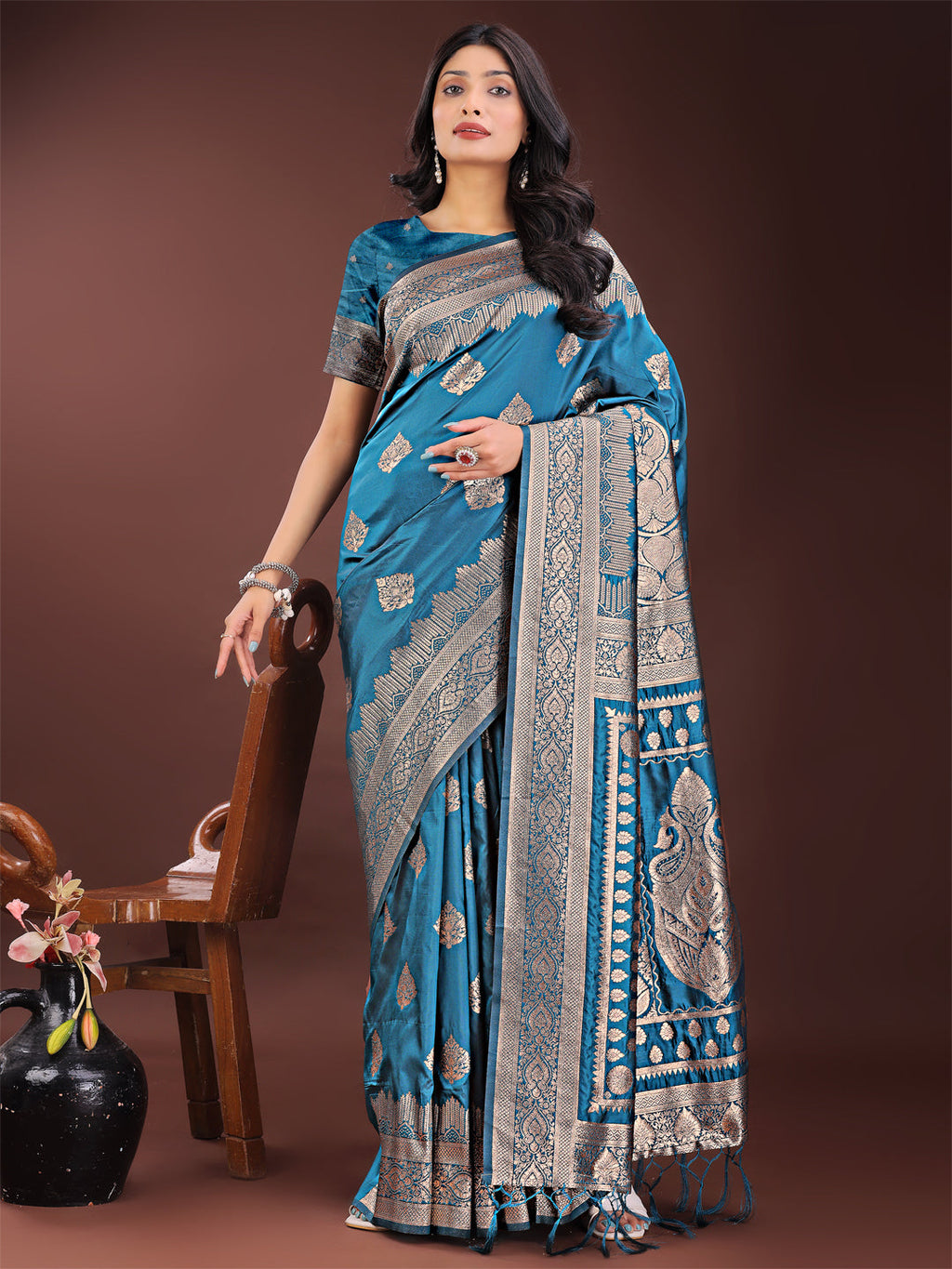 Shree Shyam Fashion Graceful Teal Banarasi Silk Saree with Silver Zari - Perfect Ethnic Wear for Weddings & Festive Moments