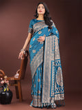 Shree Shyam Fashion Graceful Teal Banarasi Silk Saree with Silver Zari - Perfect Ethnic Wear for Weddings & Festive Moments
