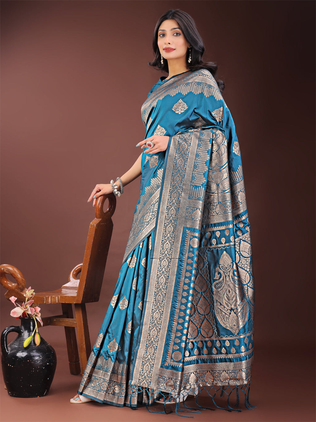 Shree Shyam Fashion Graceful Teal Banarasi Silk Saree with Silver Zari - Perfect Ethnic Wear for Weddings & Festive Moments