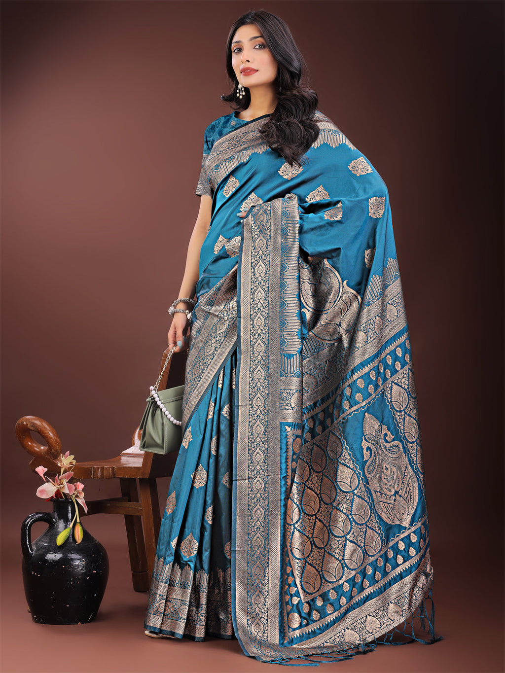 Shree Shyam Fashion Graceful Teal Banarasi Silk Saree with Silver Zari - Perfect Ethnic Wear for Weddings & Festive Moments