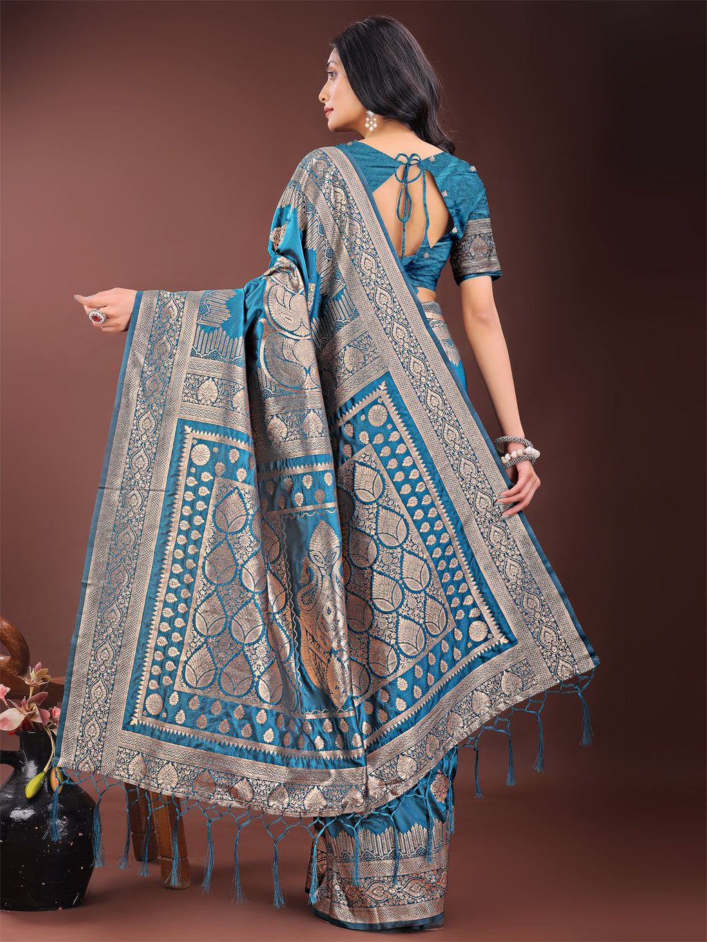 Shree Shyam Fashion Graceful Teal Banarasi Silk Saree with Silver Zari - Perfect Ethnic Wear for Weddings & Festive Moments