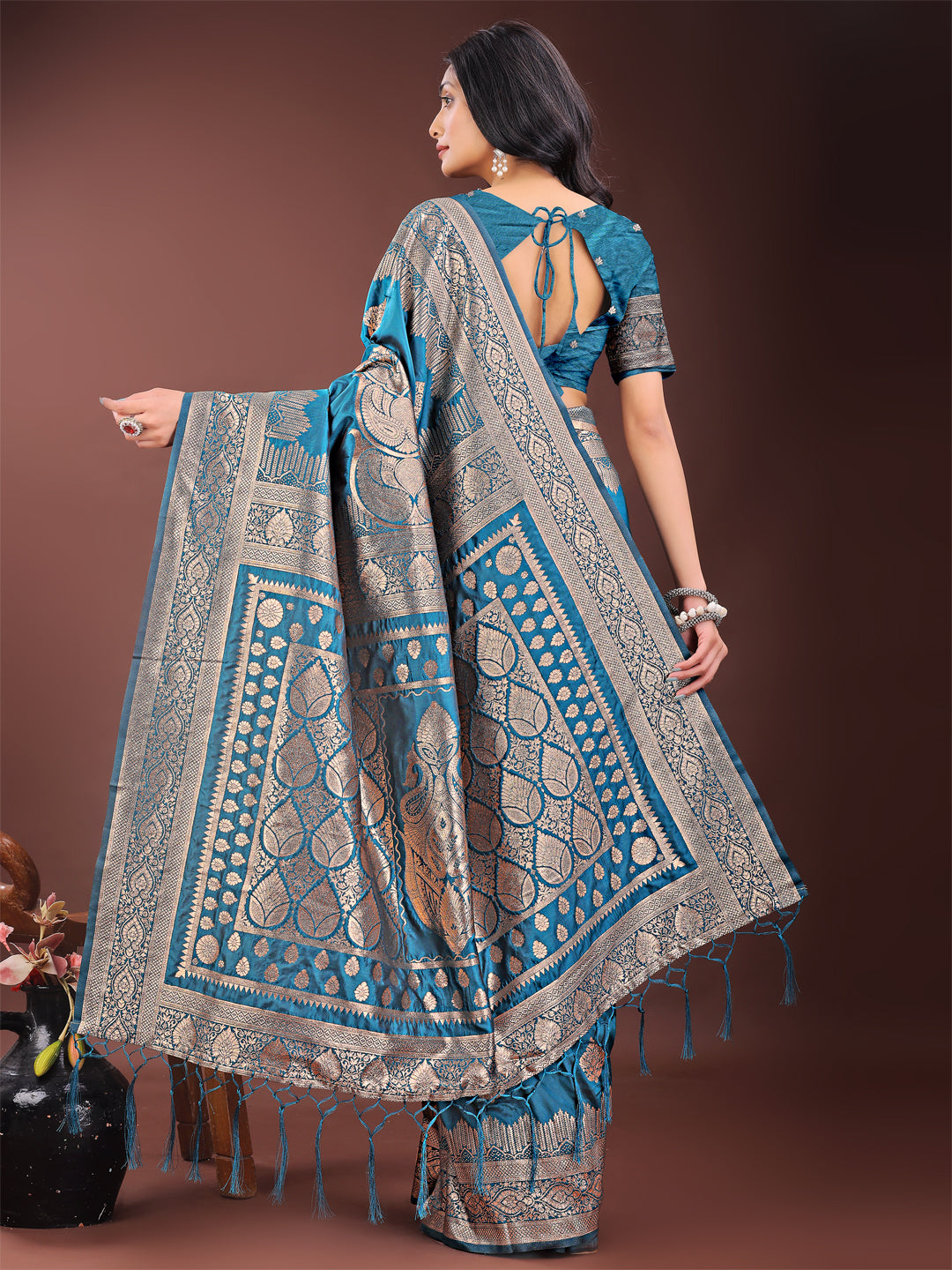 Shree Shyam Fashion Graceful Teal Banarasi Silk Saree with Silver Zari - Perfect Ethnic Wear for Weddings & Festive Moments