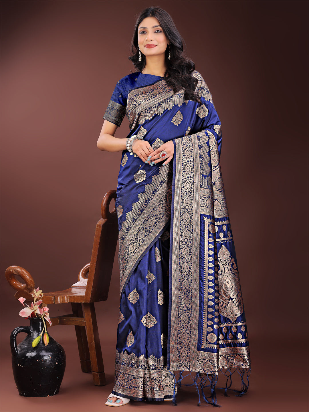 Shree Shyam Fashion Graceful Navy Blue Banarasi Silk Saree with Silver Zari - Perfect Ethnic Wear for Weddings & Festive Moments