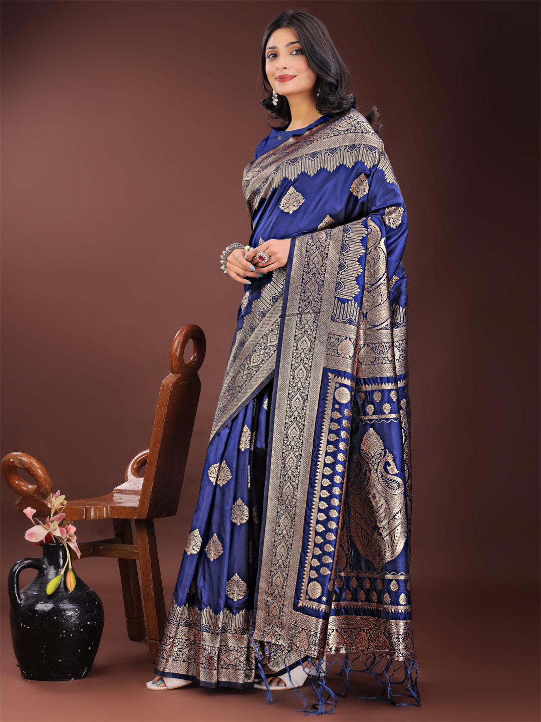 Shree Shyam Fashion Graceful Navy Blue Banarasi Silk Saree with Silver Zari - Perfect Ethnic Wear for Weddings & Festive Moments